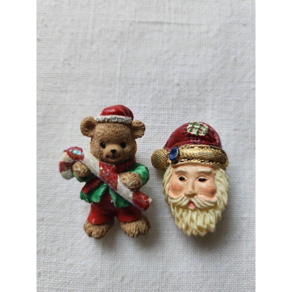 Holiday Christmas Teddy & Santa Claus Head Pin Brooch